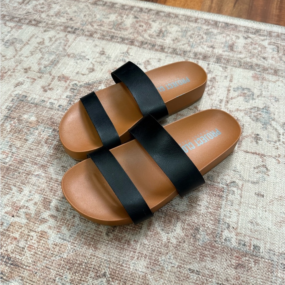 Black Double-Strap Slide Sandals with Tan Footbed